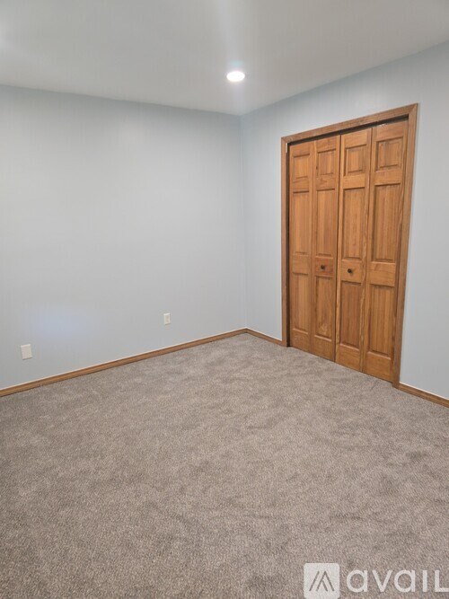 A room with a carpeted floor and a wooden door.