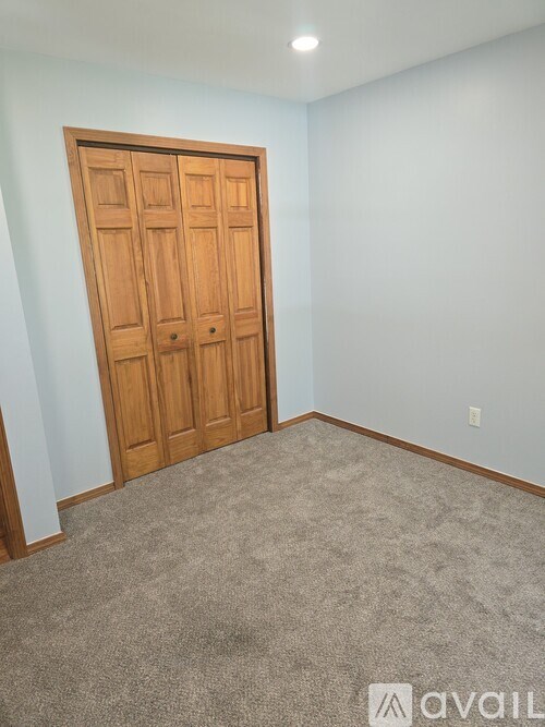 A room with a wooden door and carpeted floor.