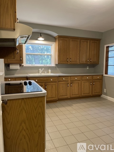 A kitchen with wooden cabinets and a countertop.