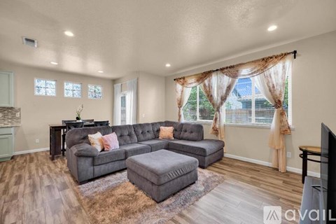 A living room with a grey sofa and a brown rug.