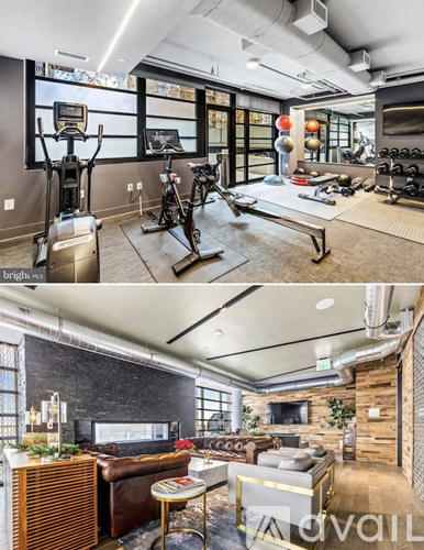A modern home gym with a treadmill, exercise bike, and other equipment.