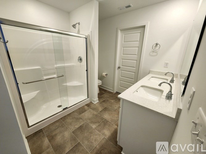 A bathroom with a walk-in shower and a sink.