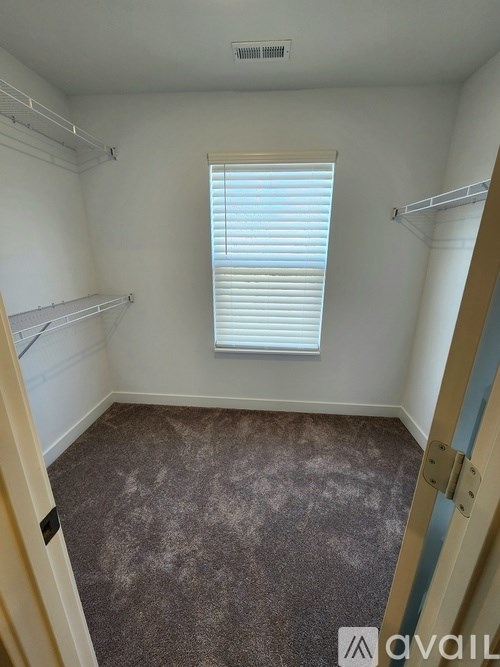A room with a carpeted floor, a window with blinds, and a door with a handle.