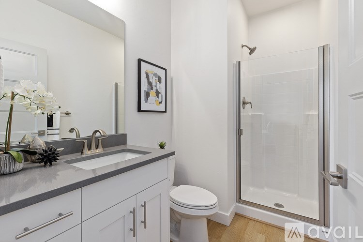 A bathroom with a toilet, sink, and shower.