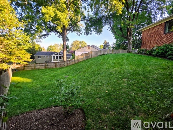A backyard with a well-maintained lawn and trees.