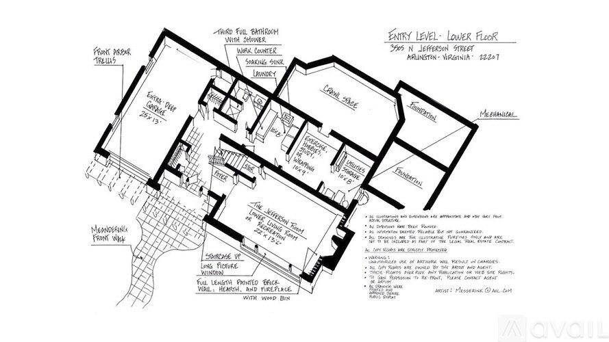 A floor plan of a building with various rooms and annotations.