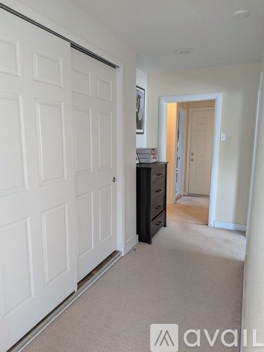 A white door with a black dresser in front of it.