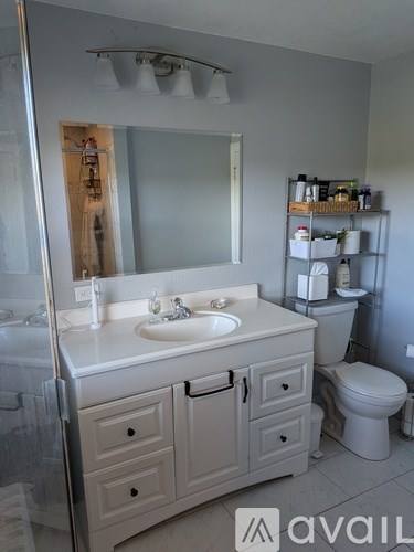 A bathroom with a sink, toilet, and a mirror.