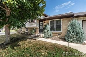 A house with a brown roof and a tree in front of it.