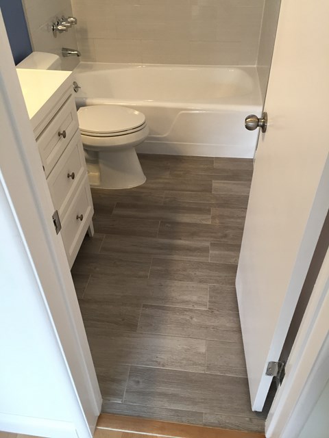 A white toilet is next to a bathtub in a bathroom.