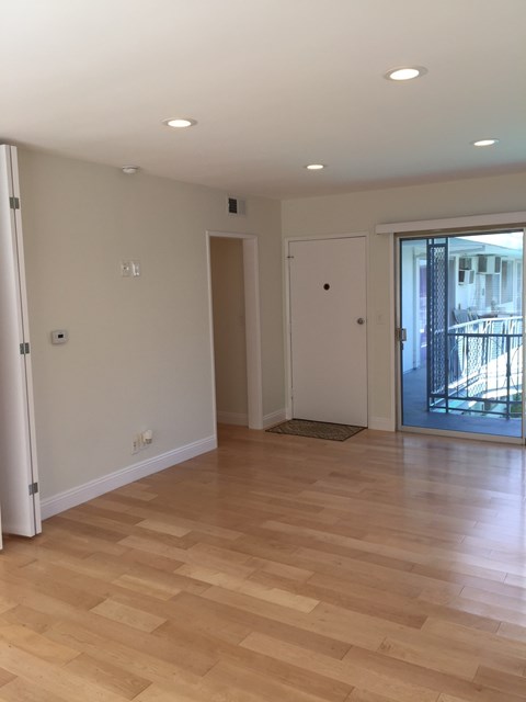 A room with wooden flooring and a sliding glass door.