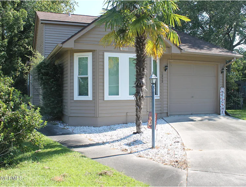 A house with a brown siding and a palm tree in front.