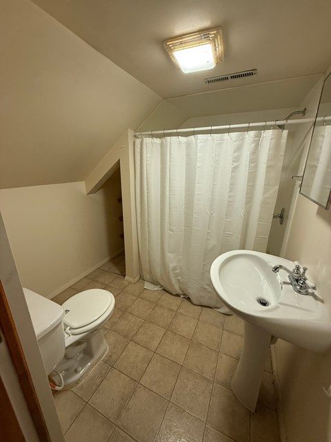 A small bathroom with a toilet, sink and shower curtain.