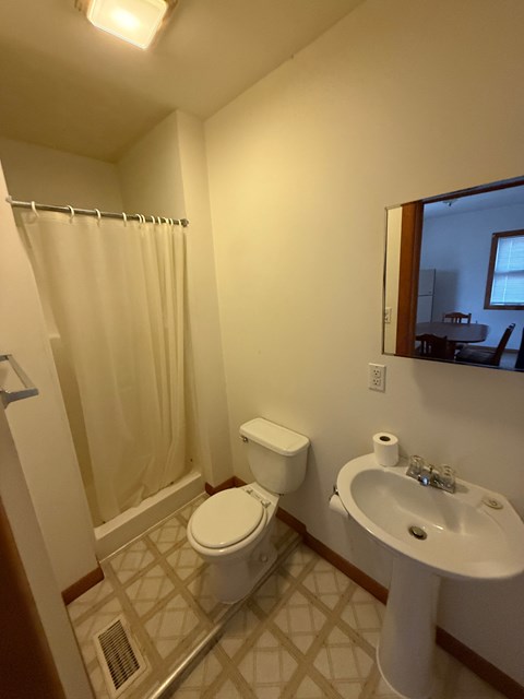 A bathroom with a toilet, sink, and shower.