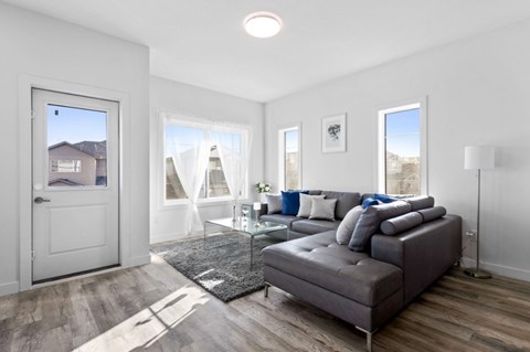 A modern living room with a grey sofa and a glass coffee table.
