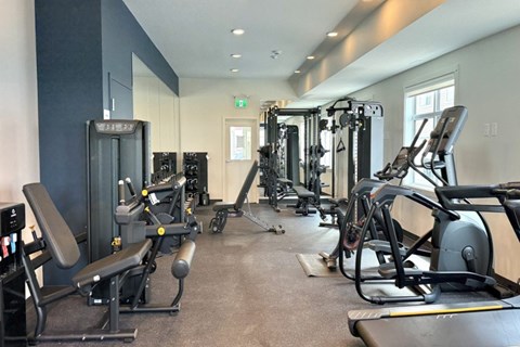 A gym with a variety of equipment including treadmills, weights, and exercise machines.