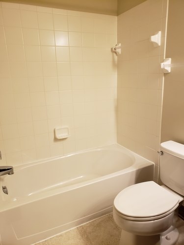 A white toilet sits next to a bathtub in a bathroom.