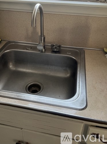 A stainless steel kitchen sink with a chrome faucet.
