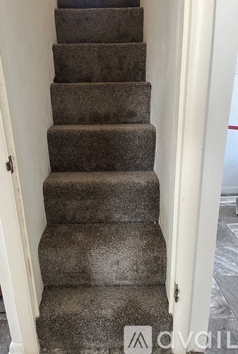 A staircase with a carpeted runner and white walls.