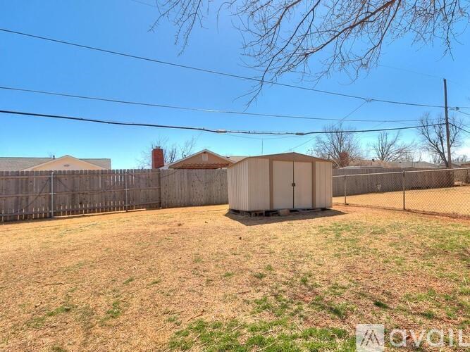 A backyard with a fence and a shed.