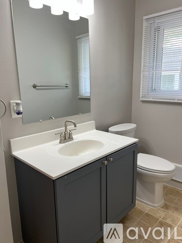 A bathroom with a sink, toilet, and mirror.