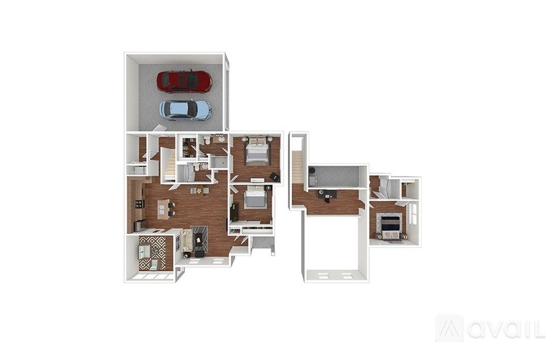 A floor plan of an apartment with a kitchen, living room, and two bedrooms.