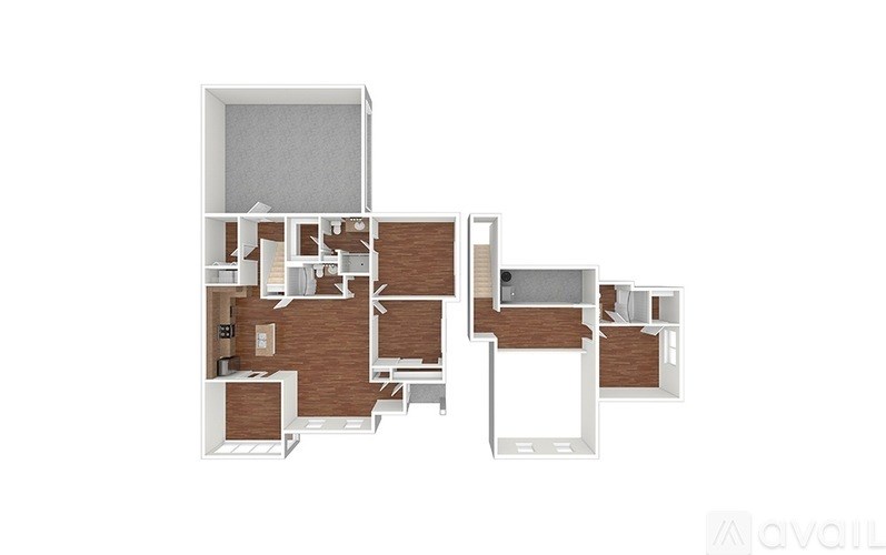A floor plan of a house with a kitchen, living room, and two bedrooms.