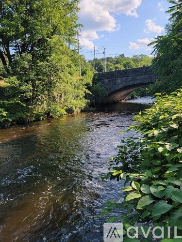 A stone bridge over a river surrounded by greenery.