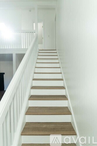 A long flight of stairs with white railings.