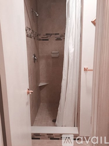 A bathroom with a shower and a white curtain.
