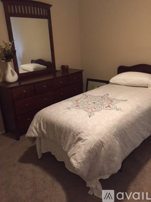 A bedroom with a bed, dresser, and mirror.