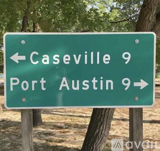 A green sign with white text indicating directions to Caseville and Port Austin.