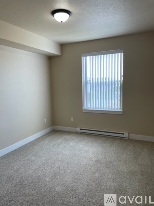 A room with a carpeted floor and a window with blinds.