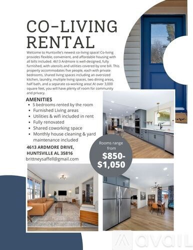 A flyer for a co-living rental space with amenities and pricing information.