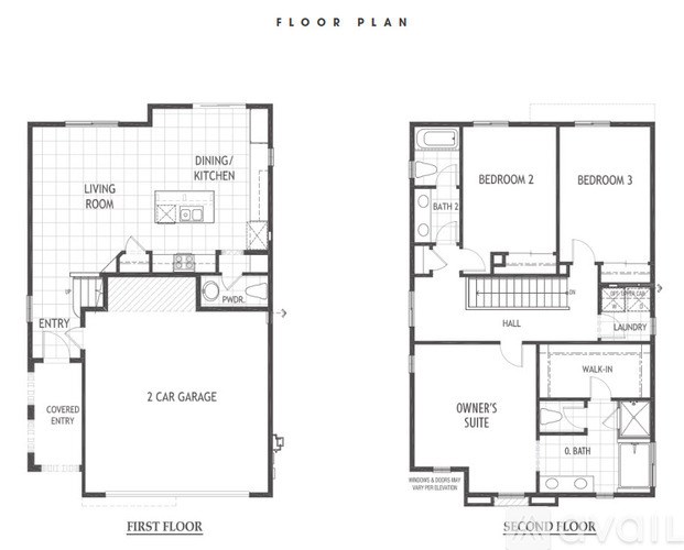 A floor plan shows a first and second floor layout for a house with a garage and two bedrooms.