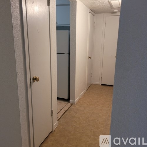 A hallway with a door on the left and a refrigerator in the middle.