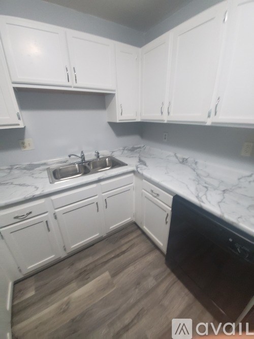 A kitchen with white cabinets and a marble countertop.