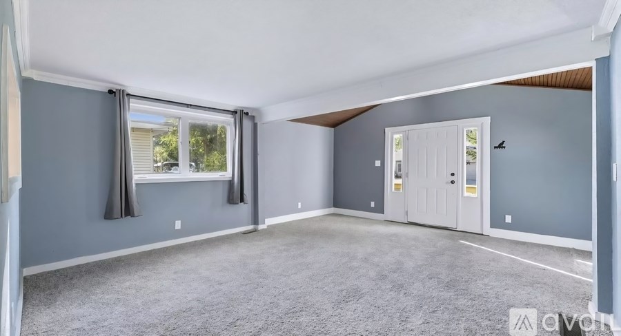 A spacious room with grey carpeting and a window with curtains.