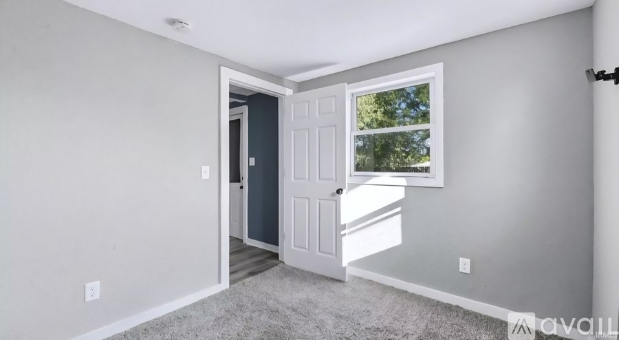 A room with a white door and a window with a view of trees outside.