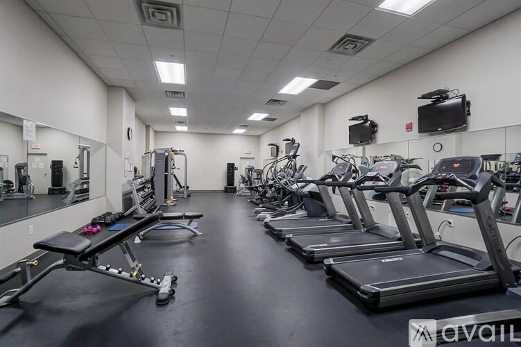 A gym with treadmills, exercise bikes, and other equipment.