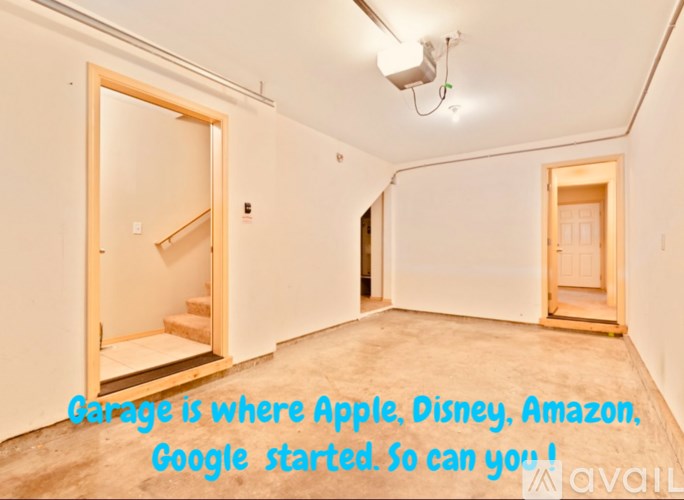 A room with a doorway leading to another room and a text overlay that says "Garage is where Apple, Disney, Amazon, Google started. So can you!".