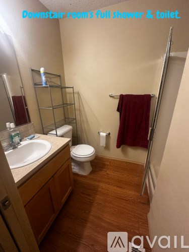 A small bathroom with a toilet, sink, and a shower stall.