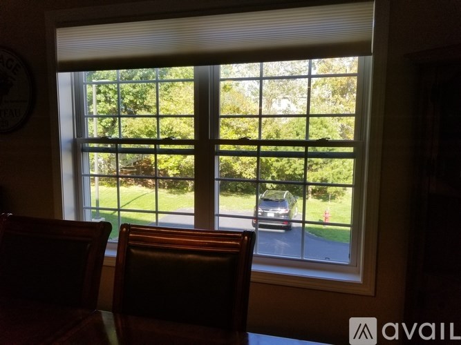 Two chairs are in front of a window with blinds.