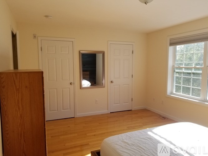 A bedroom with a bed, dresser, and mirror.