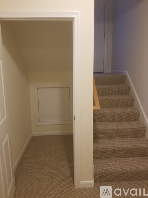 A staircase with a carpeted runner and a white door.
