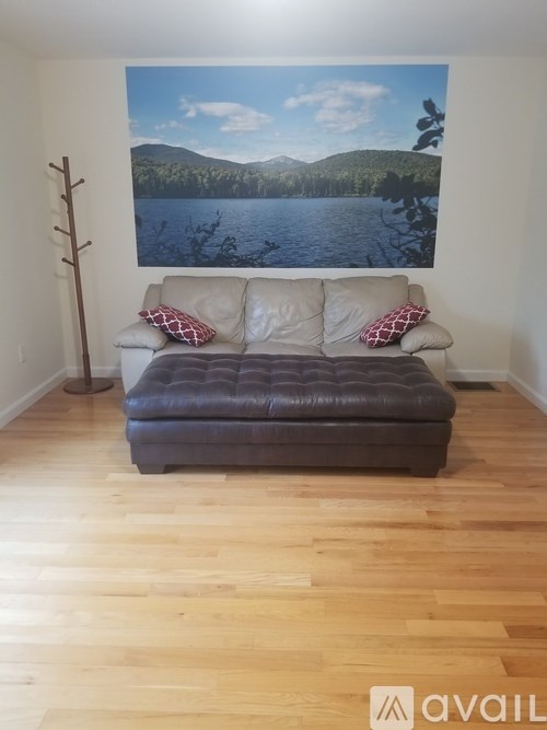 A living room with a couch and a picture of a lake on the wall.