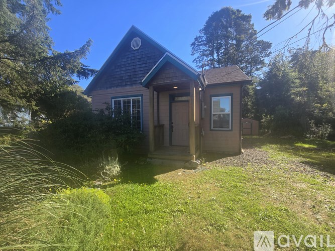 A small house with a brown roof and a brown door is surrounded by greenery.
