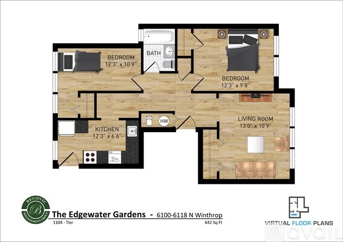 A floor plan of a two-bedroom apartment at The Edgewater Gardens.