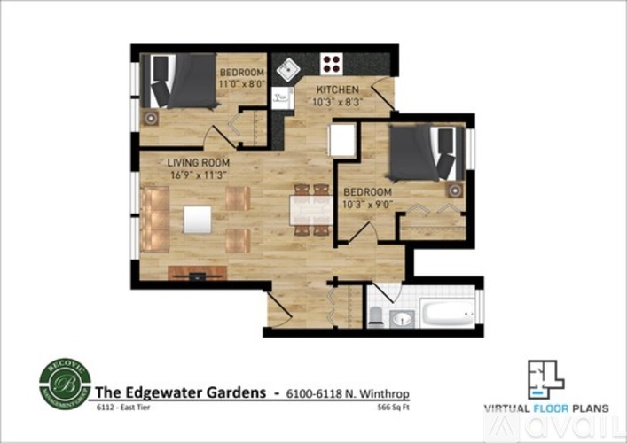 A floor plan of a two bedroom apartment at The Edgewater Gardens.