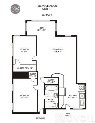 A black and white image of a floor plan for a one-bedroom apartment.
